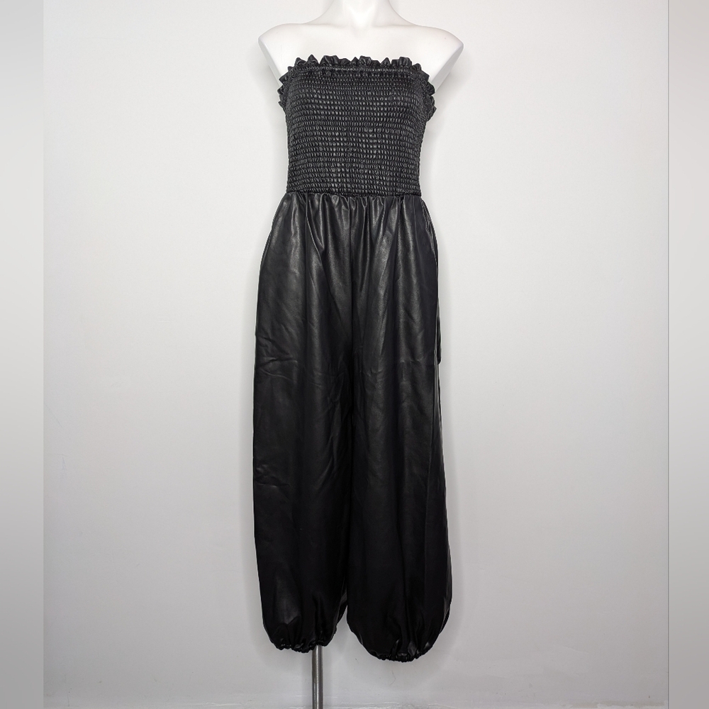Anthropologie Black Strapless Smocked Leather Jumpsuit
